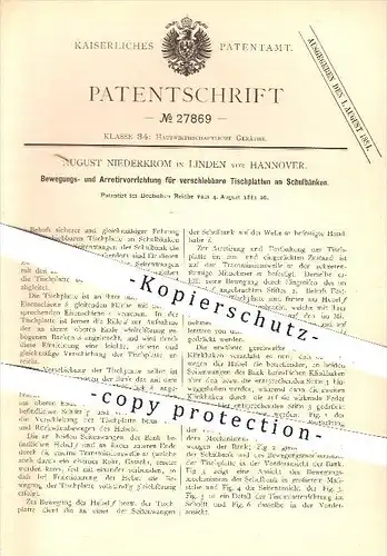 original Patent - A. Niederkrom , Linden vor Hannover , 1883 , Tischplatten an Schulbank , Bank , Tisch , Schule , Möbel