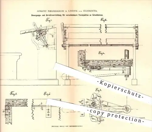 original Patent - A. Niederkrom , Linden vor Hannover , 1883 , Tischplatten an Schulbank , Bank , Tisch , Schule , Möbel