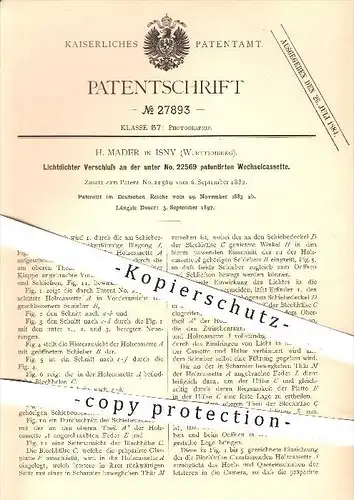 original Patent - H. Mader in Isny , 1883 , Lichtdichter Verschluss an Wechselkassette , Fotografie , Fotograf , Kamera