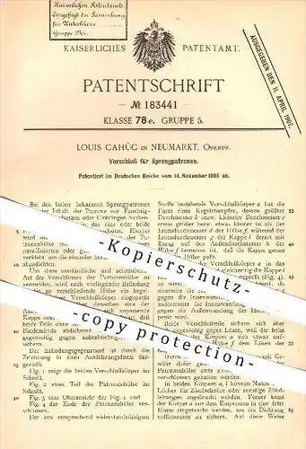 original Patent - Louis Cahüc , Neumarkt 1905 , Verschluss für Sprengpatronen , Patronen , Sprengen , Sprengung , Waffen