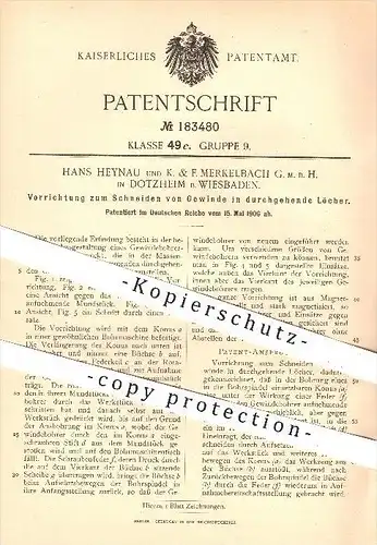 original Patent - H. Heynau / K. & F. Merkelbach GmbH , Dotzheim / Wiesbaden , 1906 , Schneiden von Gewinde , Bohrer