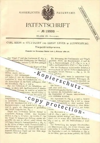 original Patent - Carl Kiess , Stuttgart / Ernst Leven , Ludwigsburg , 1882 , Tiegeldruckpresse , Presse , Druckerei !!