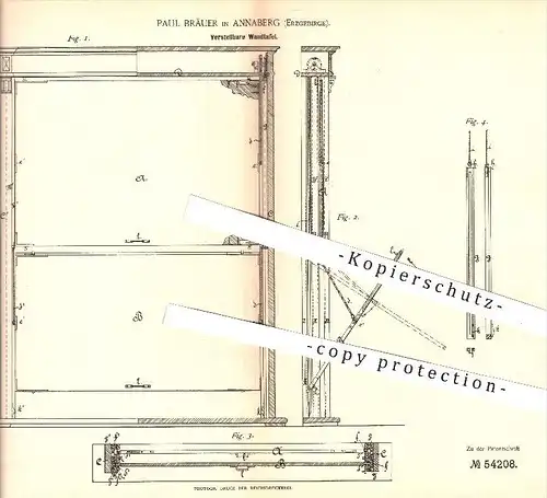 original Patent - Paul Bräuer in Annaberg , Erzgebirge , 1890 , Verstellbare Wandtafel , Tafel , Schultafel , Schule