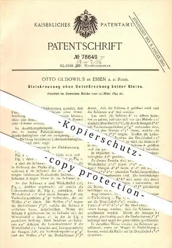 original Patent - Otto Gudowius , Essen / Ruhr , 1894 , Gleiskreuzung ohne Unterbrechung beider Gleise , Eisenbahnen !!