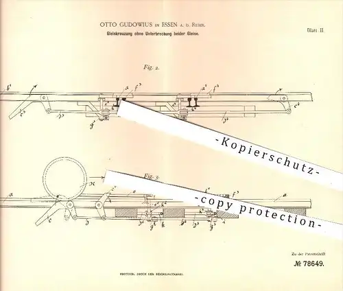 original Patent - Otto Gudowius , Essen / Ruhr , 1894 , Gleiskreuzung ohne Unterbrechung beider Gleise , Eisenbahnen !!