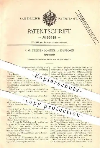 original Patent - F. W. Steinenböhmer in Iserlohn , 1895 , Kerzenhalter , Kerze , Kerzen , Licht , Beleuchtung , Lampen