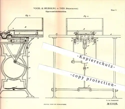 original Patent - Vogel & Neuerburg in Trier , 1889 , Zigarrenwickelmaschine , Zigarren , Zigarre , Tabak , Rauchen !!!