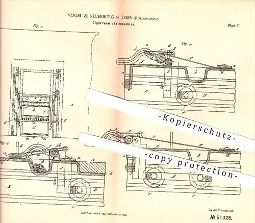 original Patent - Vogel & Neuerburg in Trier , 1889 , Zigarrenwickelmaschine , Zigarren , Zigarre , Tabak , Rauchen !!!