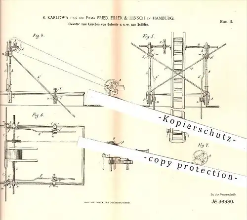 original Patent - R. Karlowa , Fried. Filler & Hinsch / Hamburg , 1885 , Elevator zum Löschen von Getreide aus Schiffen