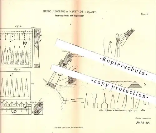 original Patent - Hugo Jüngling in Neustadt a. Haardt , 1891 , Feuerungseinsatz mit Zugschieber , Feuerung , Dampfkessel