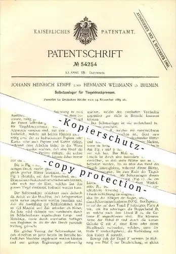 original Patent - J. H. Kempe , H. Wehmann / Bremen , 1889 , Selbstausleger für Tiegeldruckpressen , Pressen , Druckerei