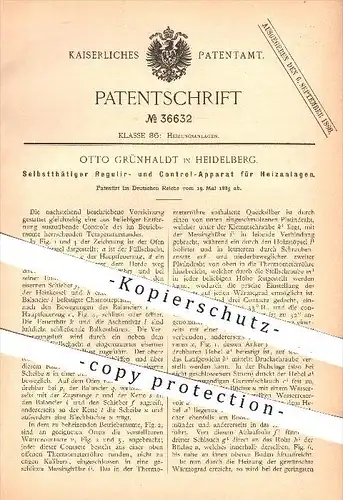 original Patent - Otto Grünhaldt , Heidelberg , 1885 , Regulierung für Heizanlagen , Heizung , Ofen , Öfen , Ofenbauer !