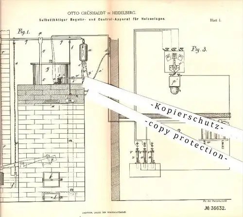 original Patent - Otto Grünhaldt , Heidelberg , 1885 , Regulierung für Heizanlagen , Heizung , Ofen , Öfen , Ofenbauer !