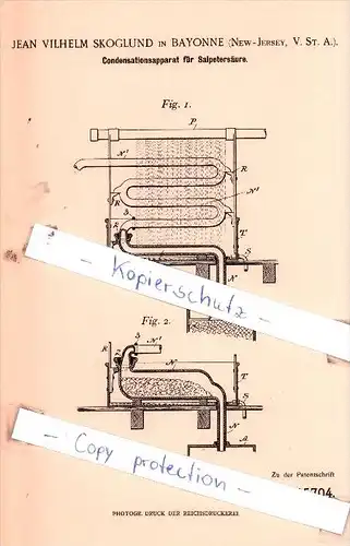 Original Patent  - J. V. Skoglund in Bayonne  , 1897 , Condensationsapparat für Salpetersäure !!!