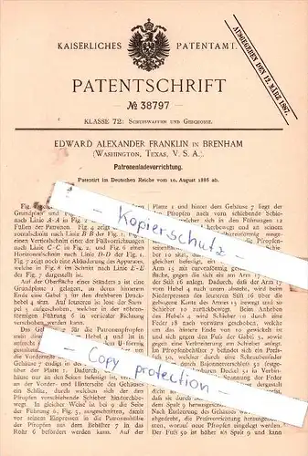 Original Patent  - Edward Alexandr Franklin in Brenham  , 1886 , Patronenladevorrichtung !!!