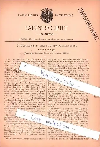 Original Patent  - C. Behrens in Alfeld , Prov. Hannover  , 1886 , Curvensäge !!!