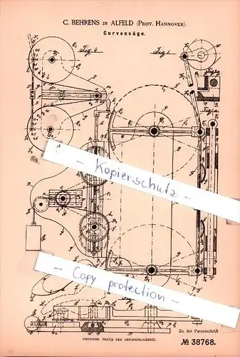 Original Patent  - C. Behrens in Alfeld , Prov. Hannover  , 1886 , Curvensäge !!!