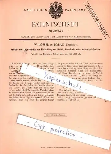 Original Patent  - W. Loeser in Löbau , Sachsen , 1886 , Wickel- und Lege-Geräth !!!
