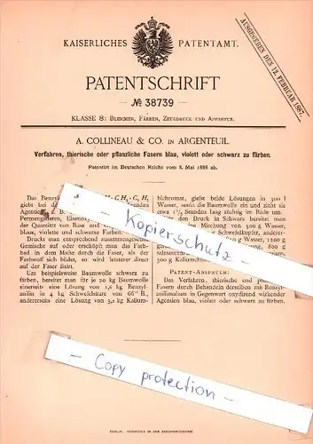 Original Patent  - A. Collineau & Co. in Argenteuil , 1886 , Bleichen, Färben, Zeugdruck !!!