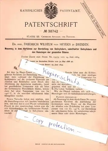 Original Patent  - Dr. phil. Friedrich Wilhelm von Heyden in Dresden , 1886 ,  Darstellung von Salicylsäure !!!