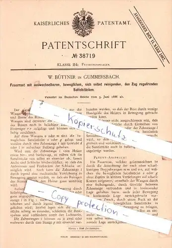 Original Patent  - W.  Büttner in Gummersbach , 1886 , Feuerungsanlagen !!!