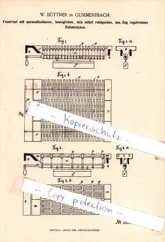Original Patent  - W.  Büttner in Gummersbach , 1886 , Feuerungsanlagen !!!