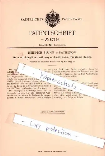 Original Patent  - Heinrich Bluhm in Rathenow , 1895 ,  Durchsichtsgläser mit farbigem Rande !!!