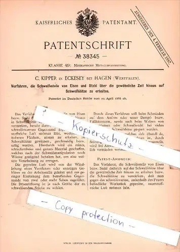 Original Patent  - C. Kipper in Eckesey bei Hagen , Westfalen , 1886 , Metallbearbeitung !!!