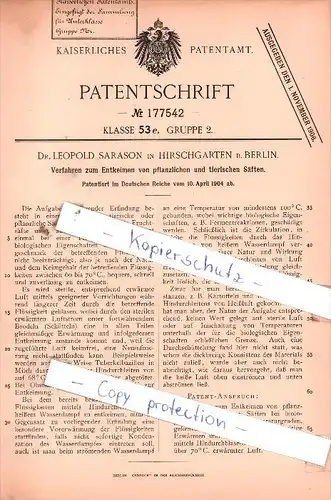 Original Patent  - Dr. L. Sarason in Hirschgarten b. Berlin , 1904 , Entkeimen von Säften !!!
