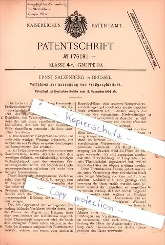 Original Patent  - E. Salzenberg in Brüssel , 1904 , Verfahren zur Erzeugung von Preßgasglühlicht !!!