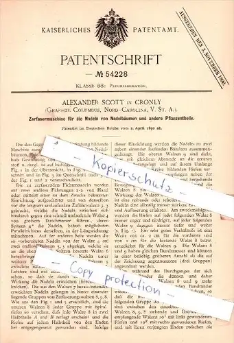 Original Patent  - Alexander Scott in Cronly , Grafsch. Columbus, Nord-Carolina, USA , 1890 , !!!