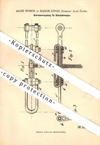 Original Patent - Alois Stibor in Maros-Ujvár / Marosújvár , 1891 , Kupplung für Eisenbahn , Alsó-Fehér , Ungarn !!!