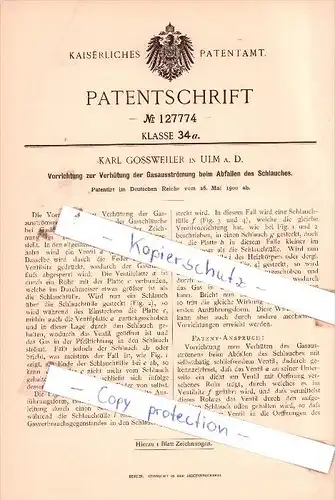 Original Patent  - Karl Gossweiler in Ulm a. D. , 1900 , Verhütung der Gasausströmung !!!