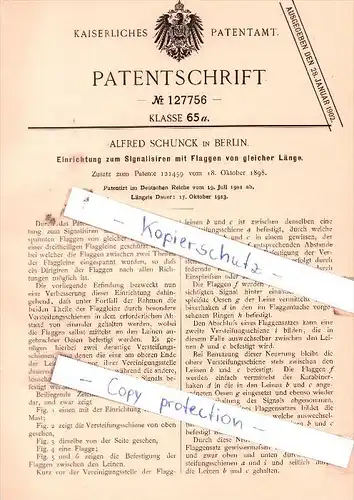 Original Patent  - A. Schunck in Berlin , 1901 , Einrichtung zum Signalisiren mit Flaggen , Fahnenmast , Flagge !!!