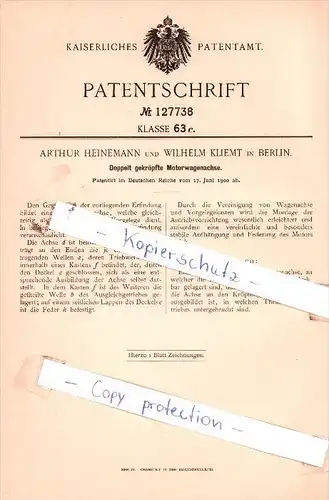 Original Patent  - Arthur Heinemann und Wilhelm Kliemt in Berlin , 1900 , Motorwagenachse , Automobile , Achse  !!!