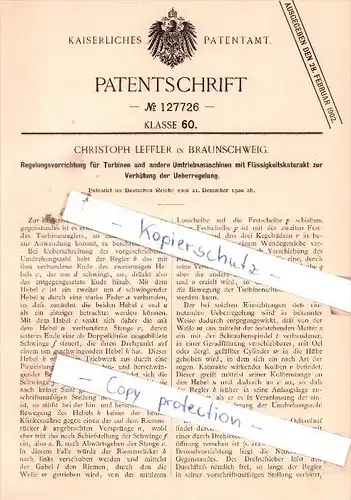 Original Patent  - Christoph Leffler in Braunschweig , 1900 , Regelungsvorrichtung für Turbinen !!!