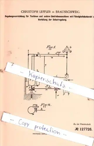 Original Patent  - Christoph Leffler in Braunschweig , 1900 , Regelungsvorrichtung für Turbinen !!!