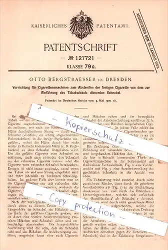 Original Patent  - Otto Bergstraesser in Dresden , 1901 , Cigarettenmaschinen , Cigaretten , Zigaretten !!!