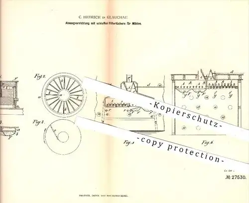 original Patent - C. Hedrich in Glauchau , 1883 , Absaugvorrichtung mit schlaffen Filtertüchern für Mühlen , Mühle !!!