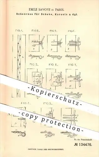 original Patent - Emile Savoye , Paris , 1901 , Schnüröse für Schuh , Korsett , Kleidung , Bekleidung , Mode , Schneider