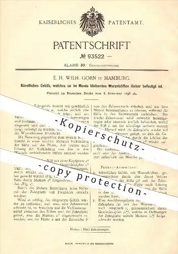 original Patent - E. H. Wilh. Gorn in Hamburg , 1896 , Künstliches Gebiss , Zahn , Zähne , Zahnarzt , Medizin , Gebisse