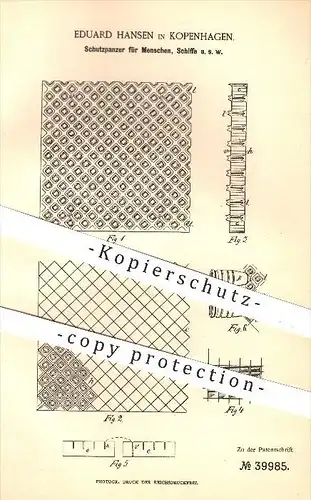 original Patent - Eduard Hansen in Kopenhagen , 1887 , Schutzpanzer für Menschen , Schiffe , Panzer , Schiff , Schiffbau