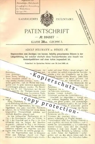 original Patent - Adolf Hillmann in Herne , 1905 , Säge zum Zersägen von Hölzern in der Längsrichtung , Sägen , Holz !!!