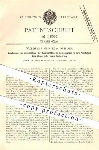original Patent - Woldemar Heinitz in Dresden , 1898 , Zurückführen der Typenschlitten an Rechenwerken , Kasse , Kassen