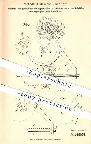 original Patent - Woldemar Heinitz in Dresden , 1898 , Zurückführen der Typenschlitten an Rechenwerken , Kasse , Kassen