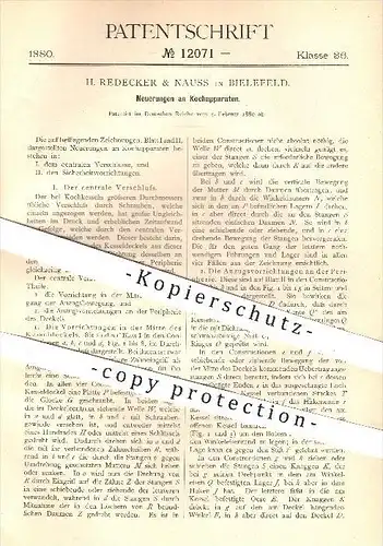 original Patent - H. Redecker & Nauss in Bielefeld , 1880 , Kochapparat , Kochen , Herd , Kochherd , Kessel , Heizung !