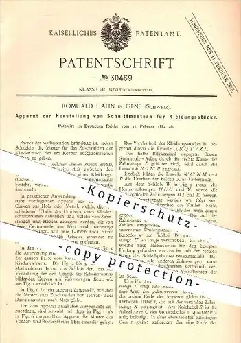 original Patent - Romuald Hahn , Genf , Schweiz , 1884 , Schnittmuster für Kleidung , Kleidung , Bekleidung , Schneider