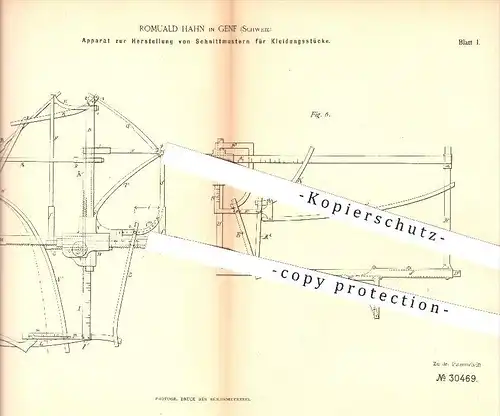 original Patent - Romuald Hahn , Genf , Schweiz , 1884 , Schnittmuster für Kleidung , Kleidung , Bekleidung , Schneider