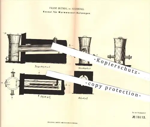 original Patent - Franz Blümel in Augsburg , 1881 , Kessel für Warmwasser - Heizungen , Heizung , Heizen , Feuerungen !!