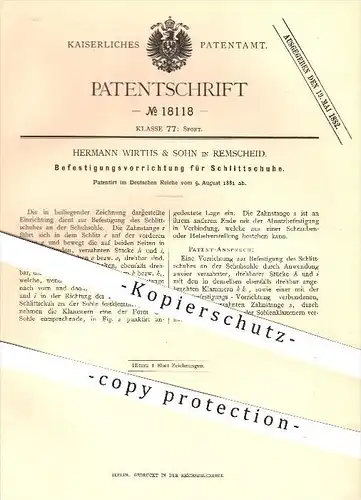 original Patent - Hermann Wirths & Sohn , Remscheid , 1881 , Befestigung am Schlittschuh , Schlittschuhe , Schuh , Sport